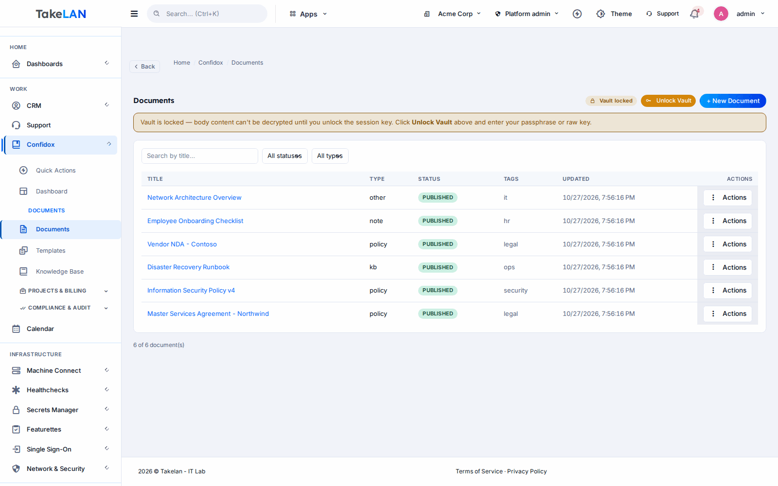 Confidox screen in the Takelan platform