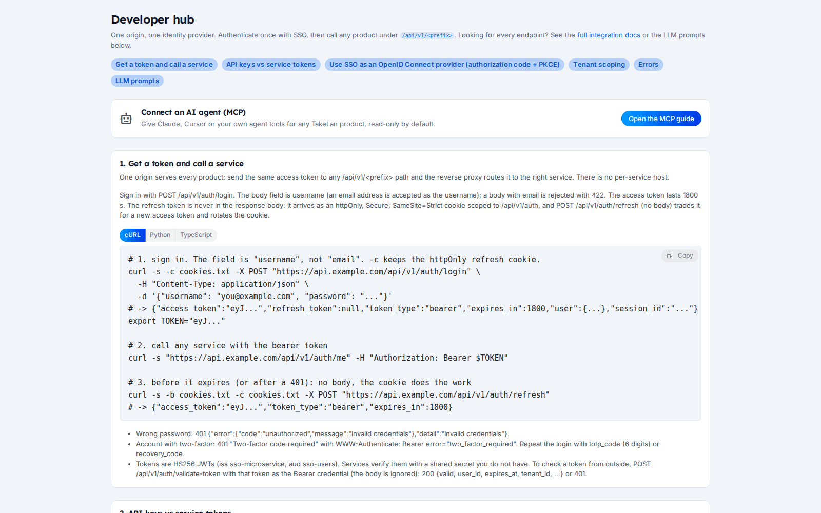 Developer APIs screen in the Takelan platform