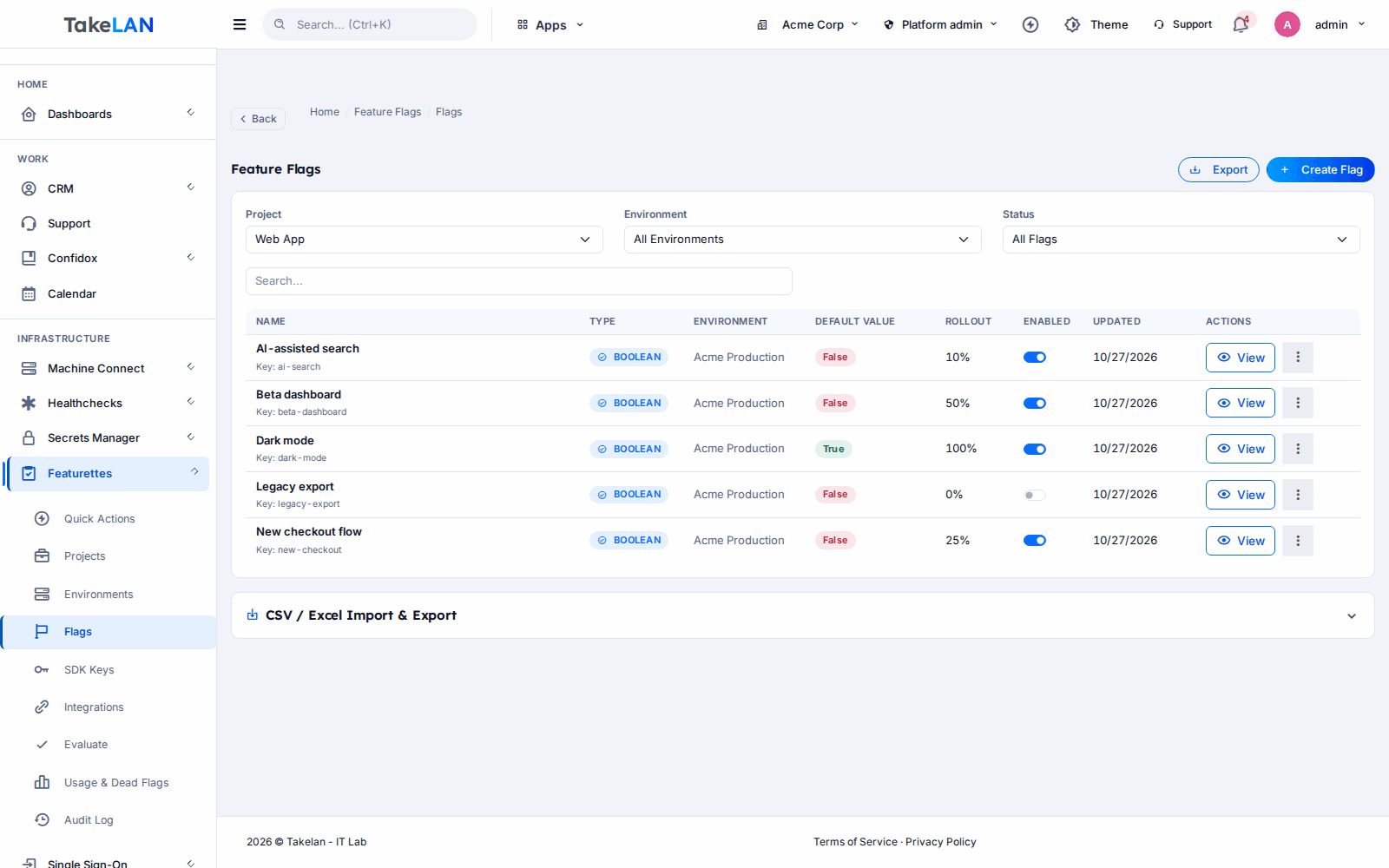 Featurettes screen in the Takelan platform
