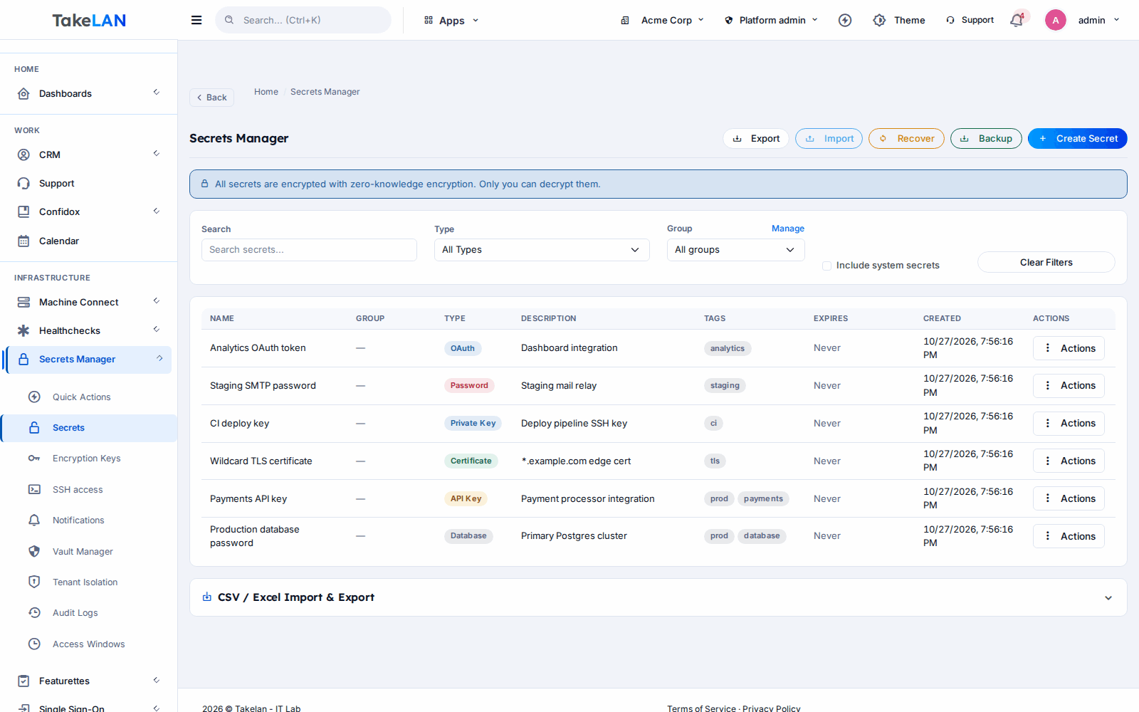 Secrets Manager screen in the Takelan platform