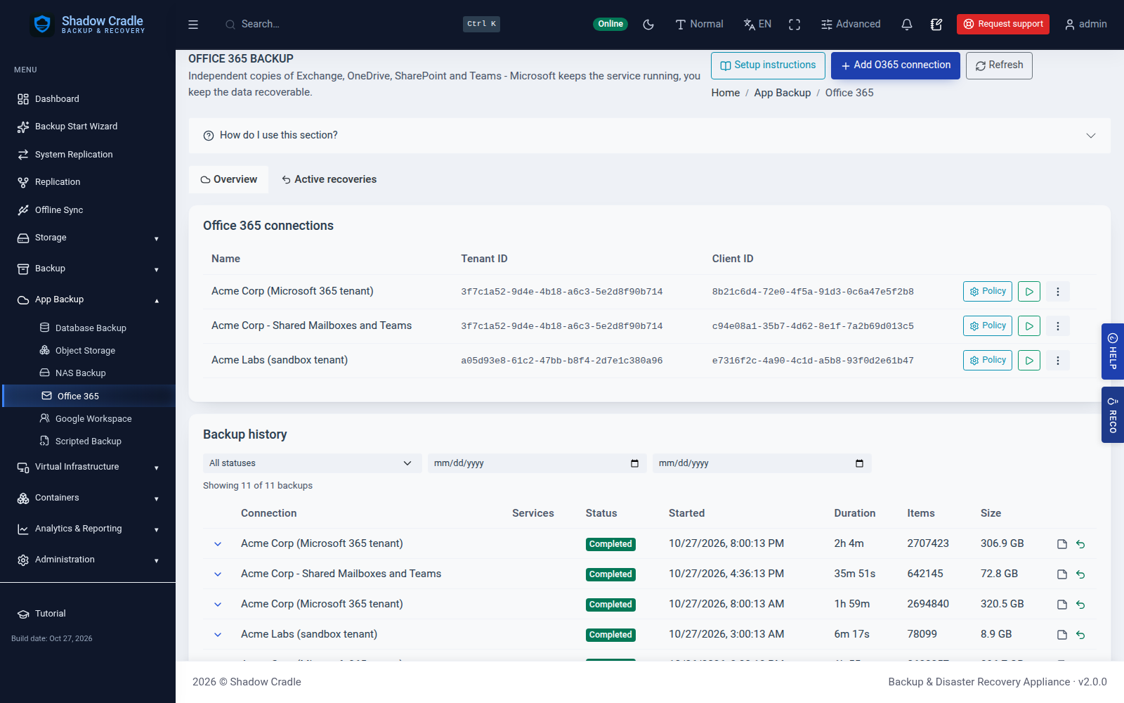Microsoft 365 tenant backup connections and history
