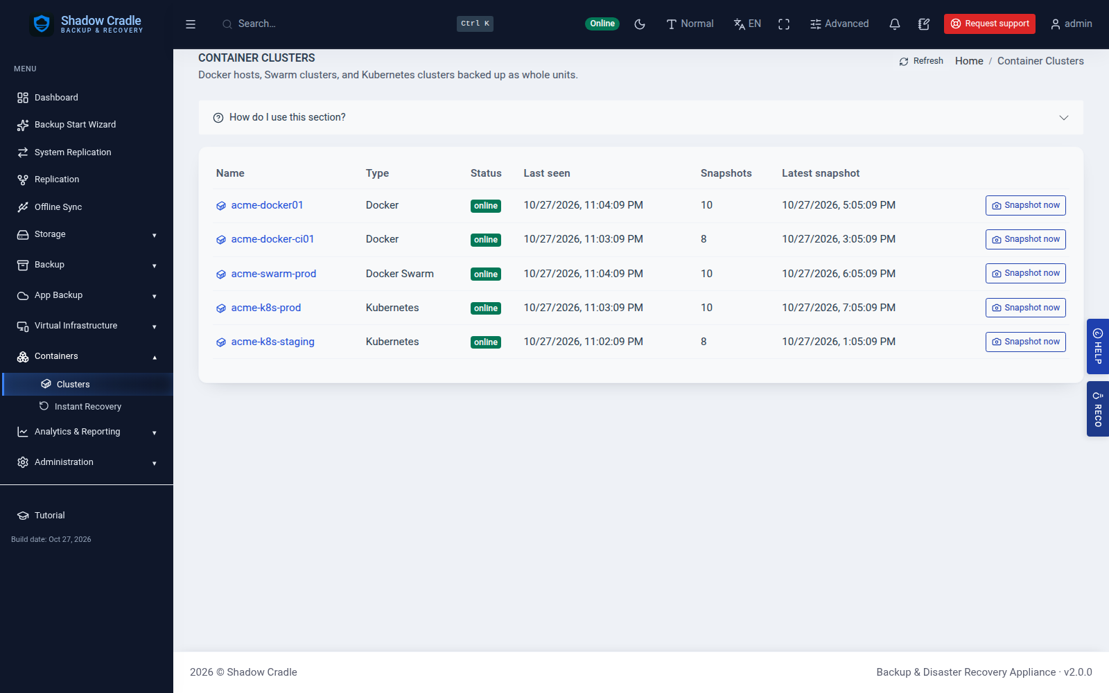 Docker, Swarm and Kubernetes clusters with snapshots