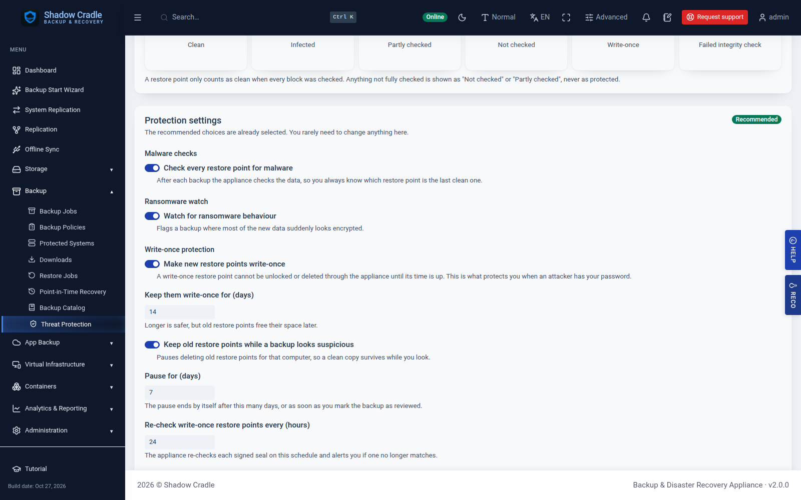 Write-once restore point settings