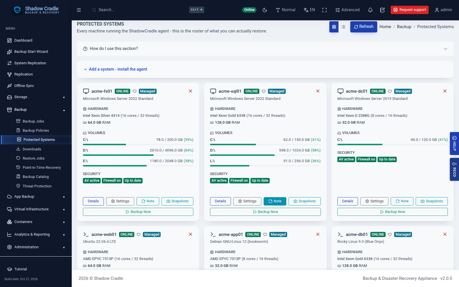 Protected systems grid with machines online, volumes and security badges