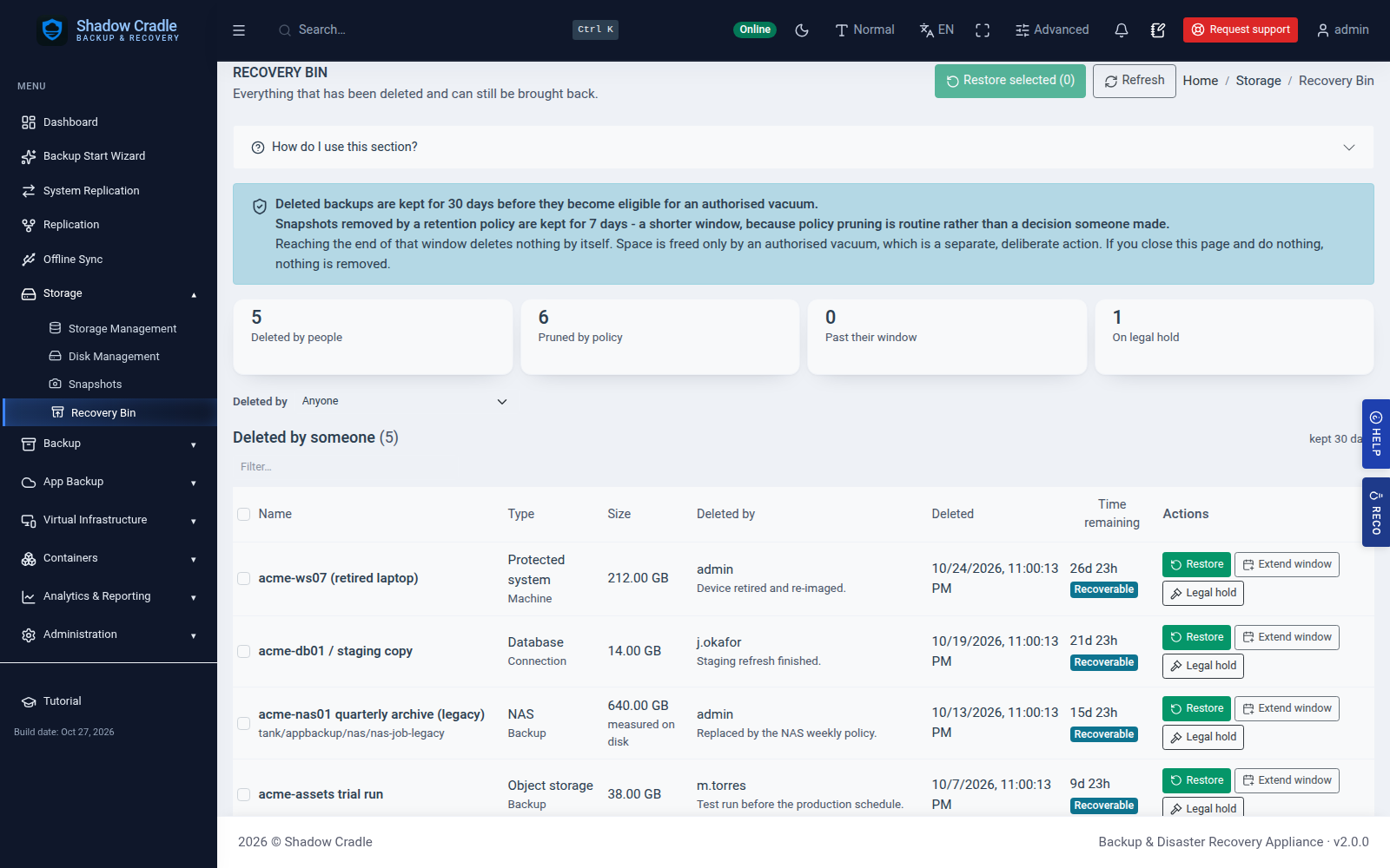 Recovery bin with restore and legal hold