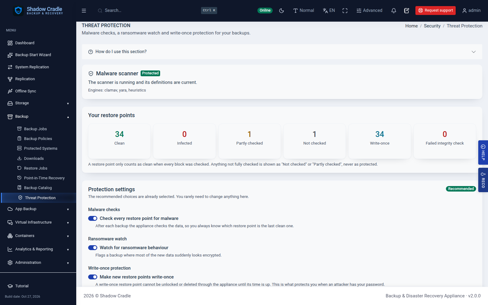 Threat protection with clean restore point counts